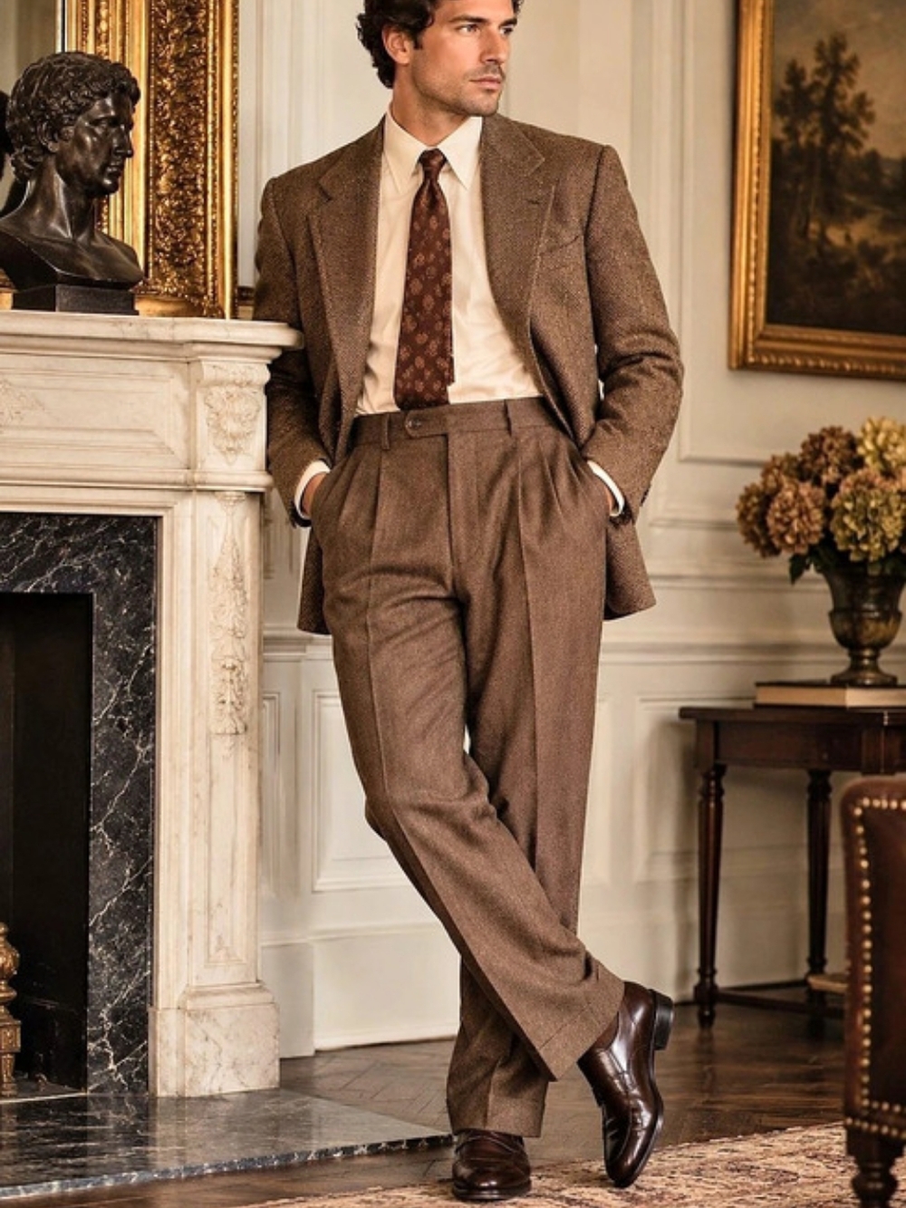 Vintage Christian Dior Grand Luxe Wool Trousers Mens 38x30 Pleated Brown